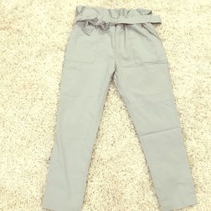 Grey paper bag waist pants with belt